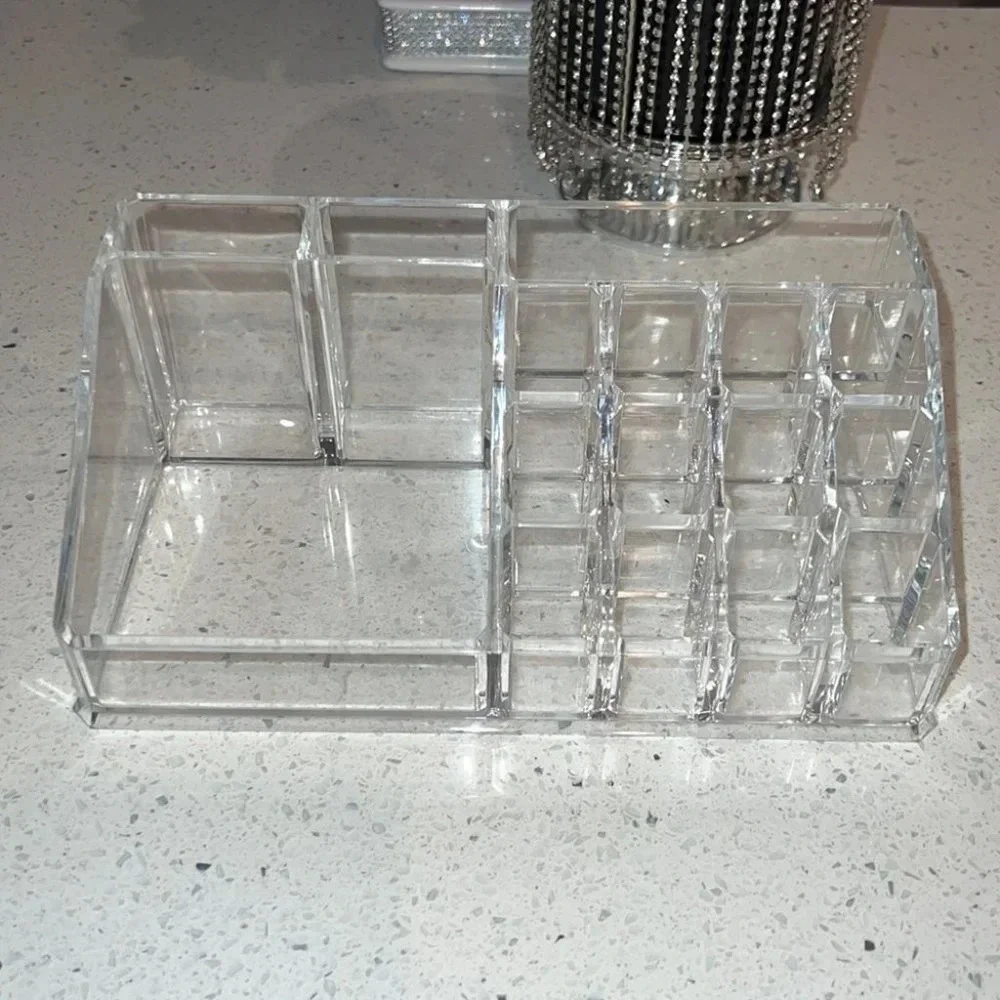 Makeup organizer acrylic clear hard cosmetic skincare organization desk tray